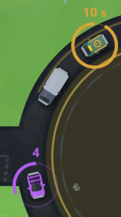 A violet getaway pickup on the roundabout with its countdown ring, an armoured cash truck ahead of it.